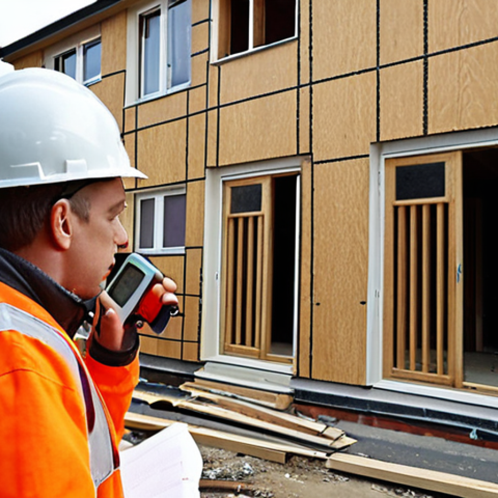 **Image Prompt:** A concerned resident measuring construction noise levels near a residential area using a portable sound level meter. Focus on the contrast between the noisy construction site and the peaceful homes. Emphasize the human element and impact of noise pollution.