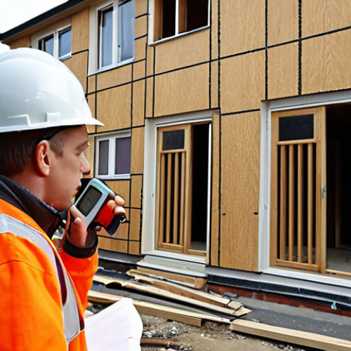 **Image Prompt:** A concerned resident measuring construction noise levels near a residential area using a portable sound level meter. Focus on the contrast between the noisy construction site and the peaceful homes. Emphasize the human element and impact of noise pollution.