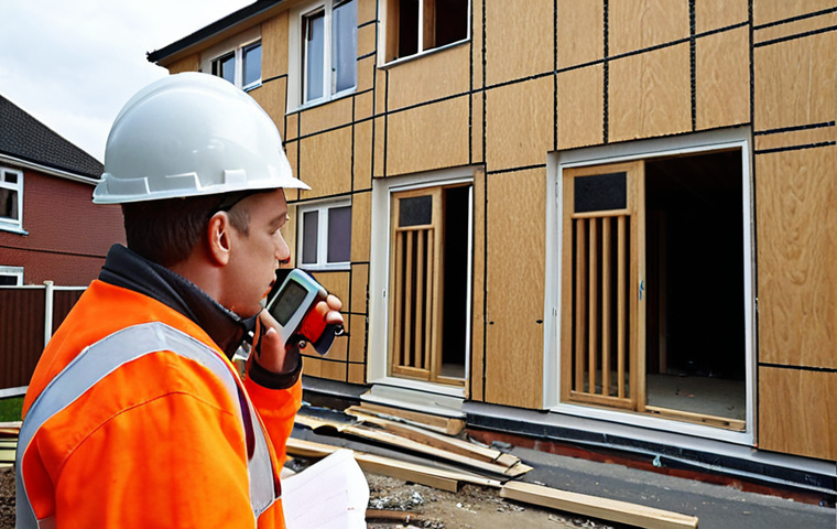 **Image Prompt:** A concerned resident measuring construction noise levels near a residential area using a portable sound level meter. Focus on the contrast between the noisy construction site and the peaceful homes. Emphasize the human element and impact of noise pollution.