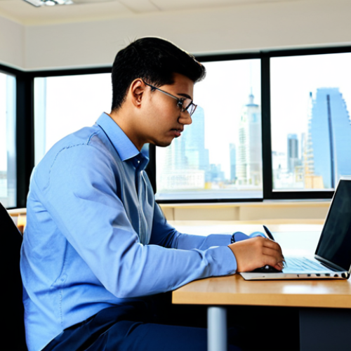 A focused young professional, fully clothed in a modest business casual outfit, sitting comfortably at a clean wooden desk. They are looking intently at an open textbook on noise and vibration, with a neatly organized laptop and pen beside them. The background is a bright, modern study room with a large window showing a blurred cityscape, emphasizing a calm and intellectual atmosphere. The subject has perfect anatomy, correct proportions, and a natural pose. The image should convey a sense of dedicated learning and intellectual pursuit. Safe for work, appropriate content, fully clothed, family-friendly, professional photography, high quality, well-formed hands, natural body proportions.