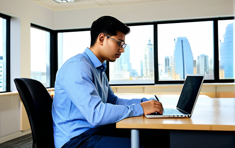 A focused young professional, fully clothed in a modest business casual outfit, sitting comfortably at a clean wooden desk. They are looking intently at an open textbook on noise and vibration, with a neatly organized laptop and pen beside them. The background is a bright, modern study room with a large window showing a blurred cityscape, emphasizing a calm and intellectual atmosphere. The subject has perfect anatomy, correct proportions, and a natural pose. The image should convey a sense of dedicated learning and intellectual pursuit. Safe for work, appropriate content, fully clothed, family-friendly, professional photography, high quality, well-formed hands, natural body proportions.