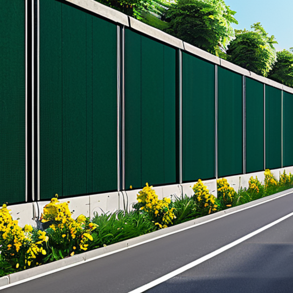 **Noise Barrier Scene:** "A modern soundproof wall along a busy highway, reducing traffic noise for nearby homes. Lush greenery and flowers soften the industrial look. Daytime, bright sunlight, fully clothed people walking by. Safe for work, appropriate content, professional illustration, high quality."