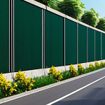 **Noise Barrier Scene:** "A modern soundproof wall along a busy highway, reducing traffic noise for nearby homes. Lush greenery and flowers soften the industrial look. Daytime, bright sunlight, fully clothed people walking by. Safe for work, appropriate content, professional illustration, high quality."