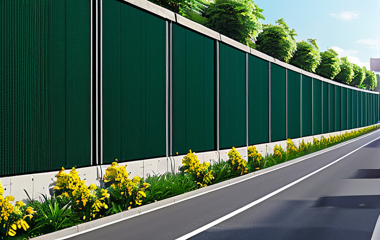 **Noise Barrier Scene:** "A modern soundproof wall along a busy highway, reducing traffic noise for nearby homes. Lush greenery and flowers soften the industrial look. Daytime, bright sunlight, fully clothed people walking by. Safe for work, appropriate content, professional illustration, high quality."
