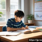 소음진동 자격증 공부 방법 비교 - A focused Japanese student studying efficiently at a tidy desk in a modern, quiet room, surrounded b...