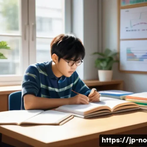 소음진동 자격증 공부 방법 비교 - A focused Japanese student studying efficiently at a tidy desk in a modern, quiet room, surrounded b...