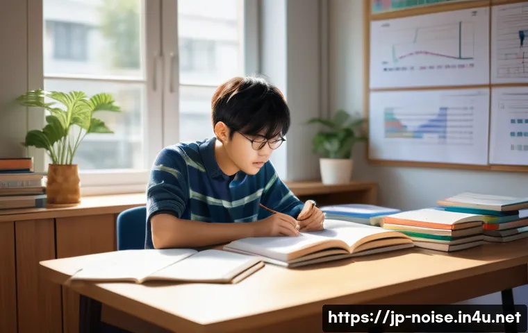 소음진동 자격증 공부 방법 비교 - A focused Japanese student studying efficiently at a tidy desk in a modern, quiet room, surrounded b...